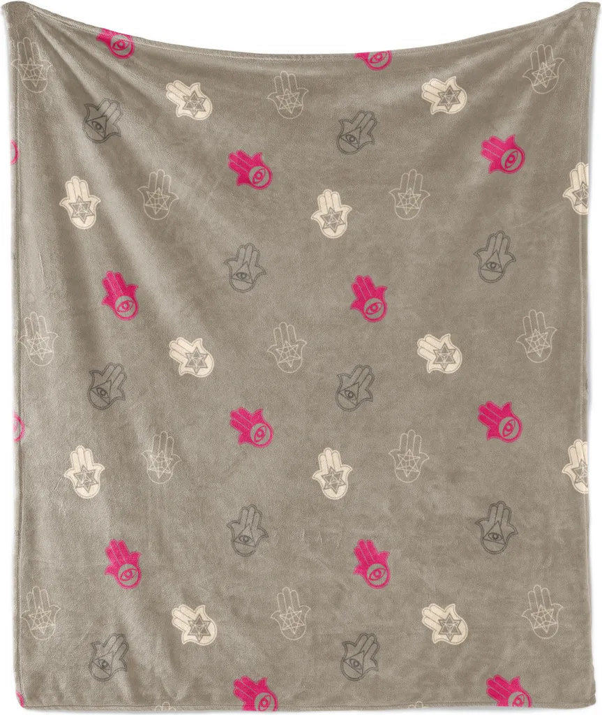 ABAKUHAUS Coperta etnica in morbido pile di flanella, motivo Hamsa Kabbalah con elementi simbolici tradizionali, 175 x 230 cm, Dark Tan Champagne