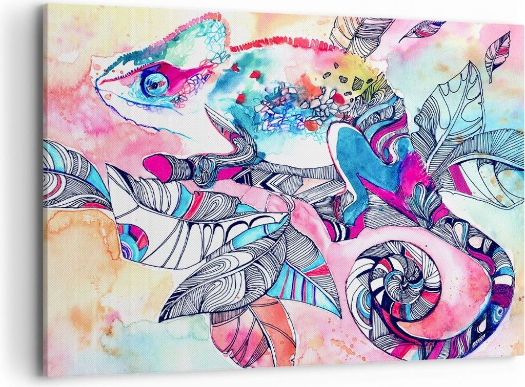 Bild auf Leinwand - Leinwandbild - Chamäleon Tierwelt Zweig - 100x70cm - Wand Bild - Wanddeko - Leinwanddruck - Bilder - Kunstdruck - Wanddekorati...