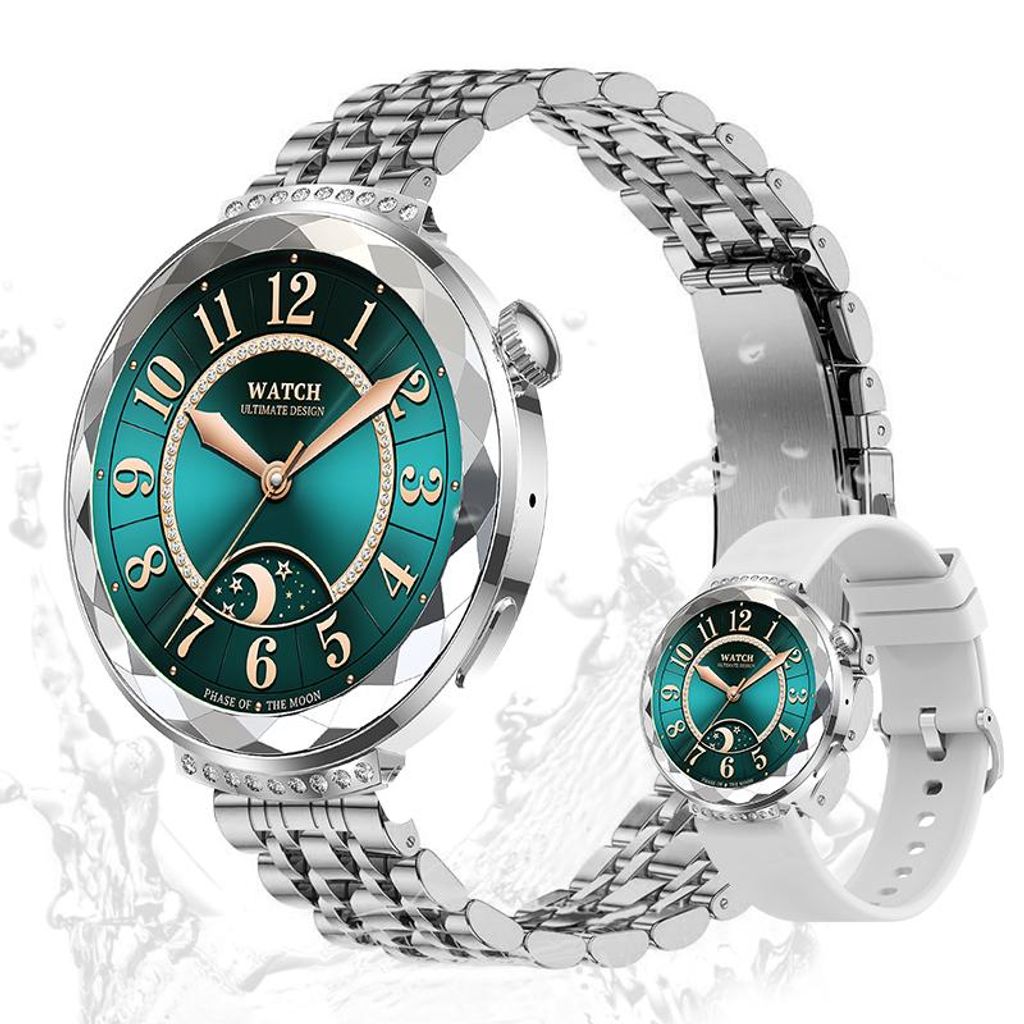 Valdus Damen Smartwatch Elegant 1,19 Zoll – Telefonfunktion, 180mAh Akku, Fitness-Tracking, Bluetooth-Anruf, Android/iOS kompatibel – Silber
