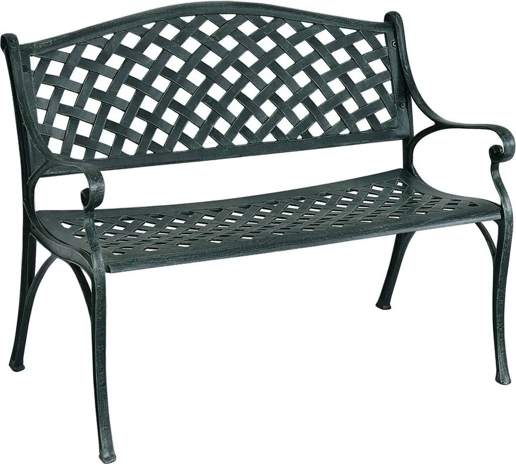 Banc extérieur en alu robuste, coloris vert antique avec accoudoirs