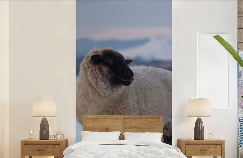 MuchoWow Fototapete für Wohnzimmer oder Schlafzimmer Wandtapete Vinyl Motivtapete Schaf - Schnee - Berg - 120x240 cm - Hintergrundbild