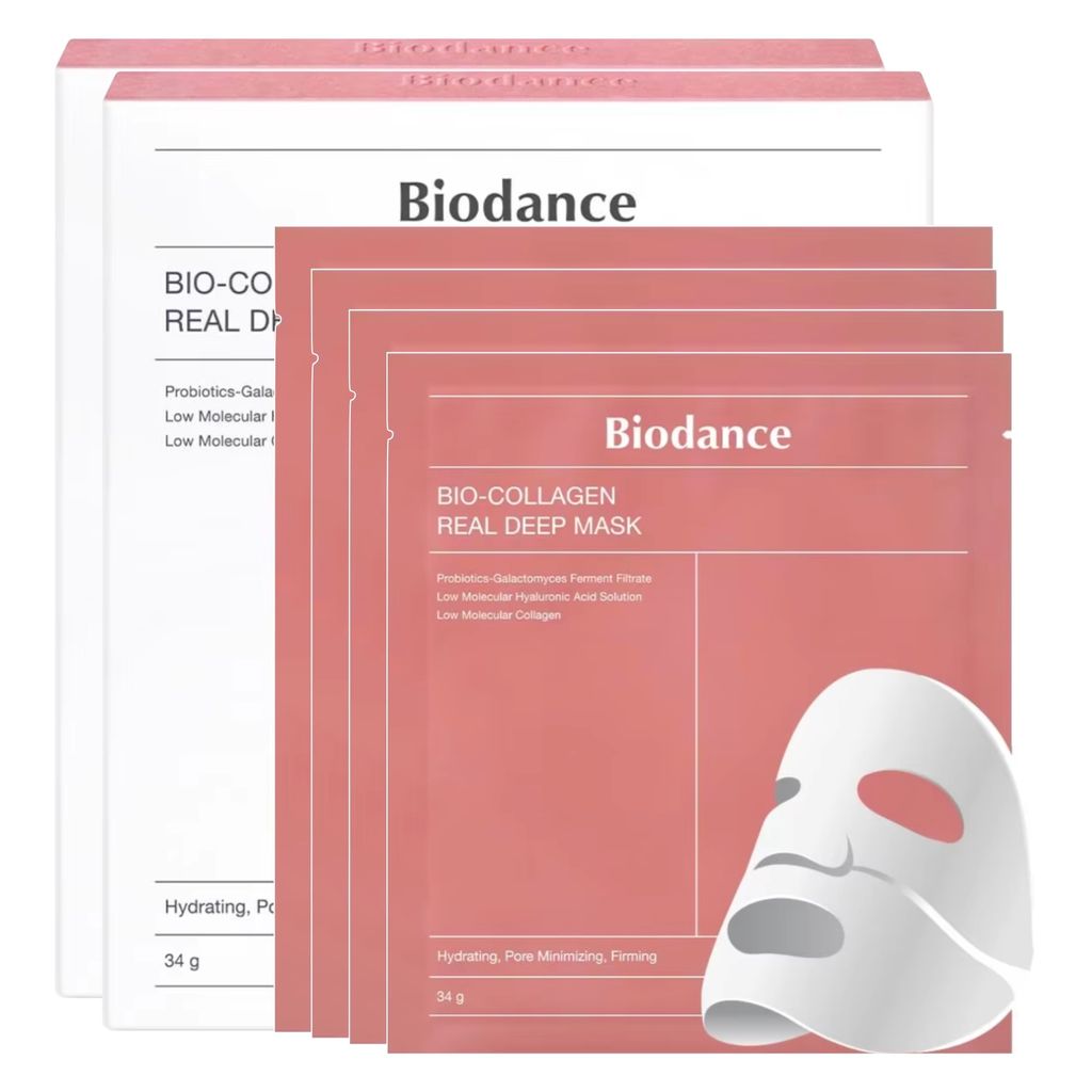 A package of Biodance Bio-Collagen Real Deep Masks, with several individual masks fanned out in front of the main packaging.