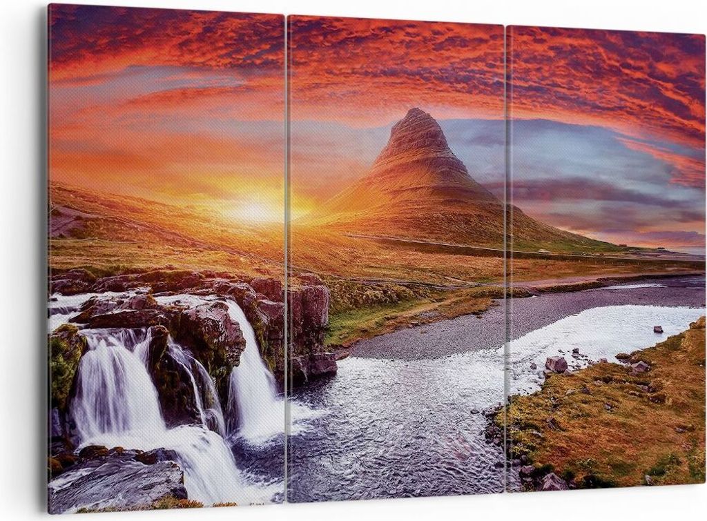 Bild auf Leinwand - Leinwandbild - 3 Teile - Kirkjufell Wasserfall Berg - 165x110cm - Wand Bild - Wanddeko - Wandbilder - Leinwanddruck - Bilder - ...
