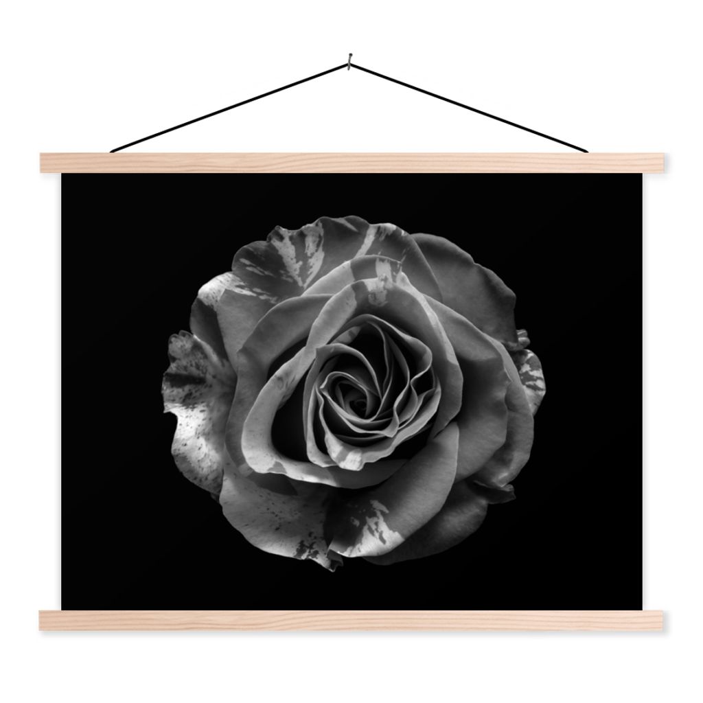 MuchoWow Textilposter Blumen - Rose - Schwarz - Weiß - Botanisch 120x90 cm mit holzfarbenen Rahmen - Magnetisch