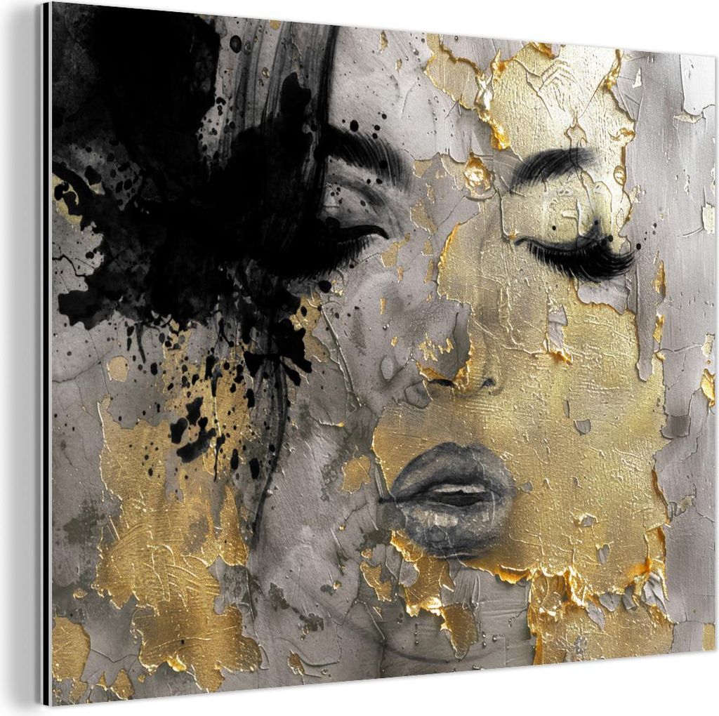 MuchoWow Wanddekoration Metall Metallbild Wandkunst 40x30 cm Frau - Kunst - Gold - Schwarz MuchoWow Aluminium Gemälde - Dekoration Wohnzimmer