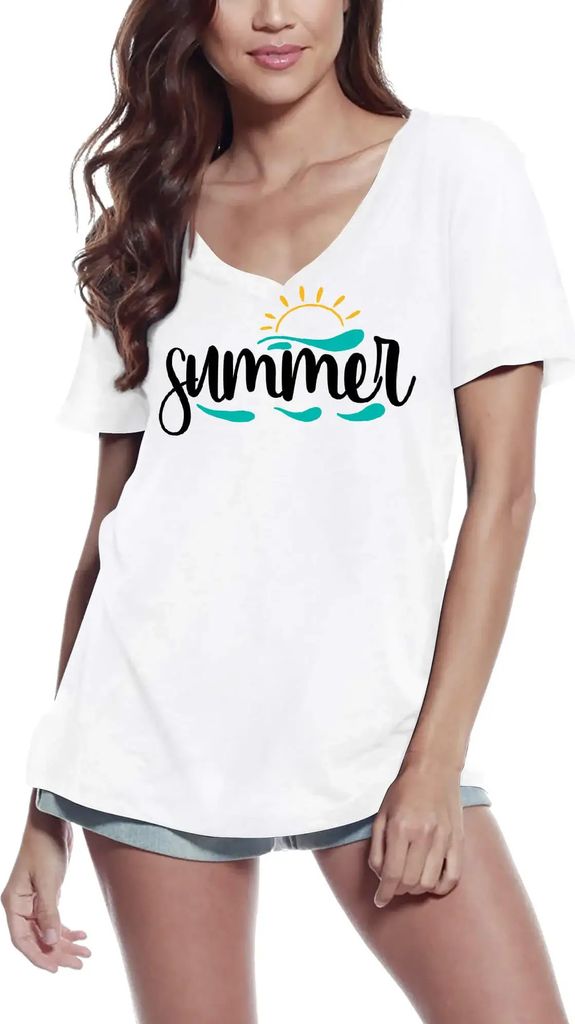 Damen Grafik T-Shirt V-Ausschnitt Sommersonne – Summer Sun – Öko-Verantwortlich Vintage Jahrgang Kurzarm Lustige Druck Geburtstag Geschenk Frau