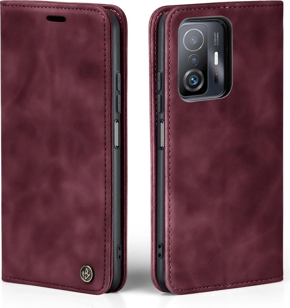 A burgundy flip-style phone case for a Xiaomi 11T/11T Pro is shown from two angles.