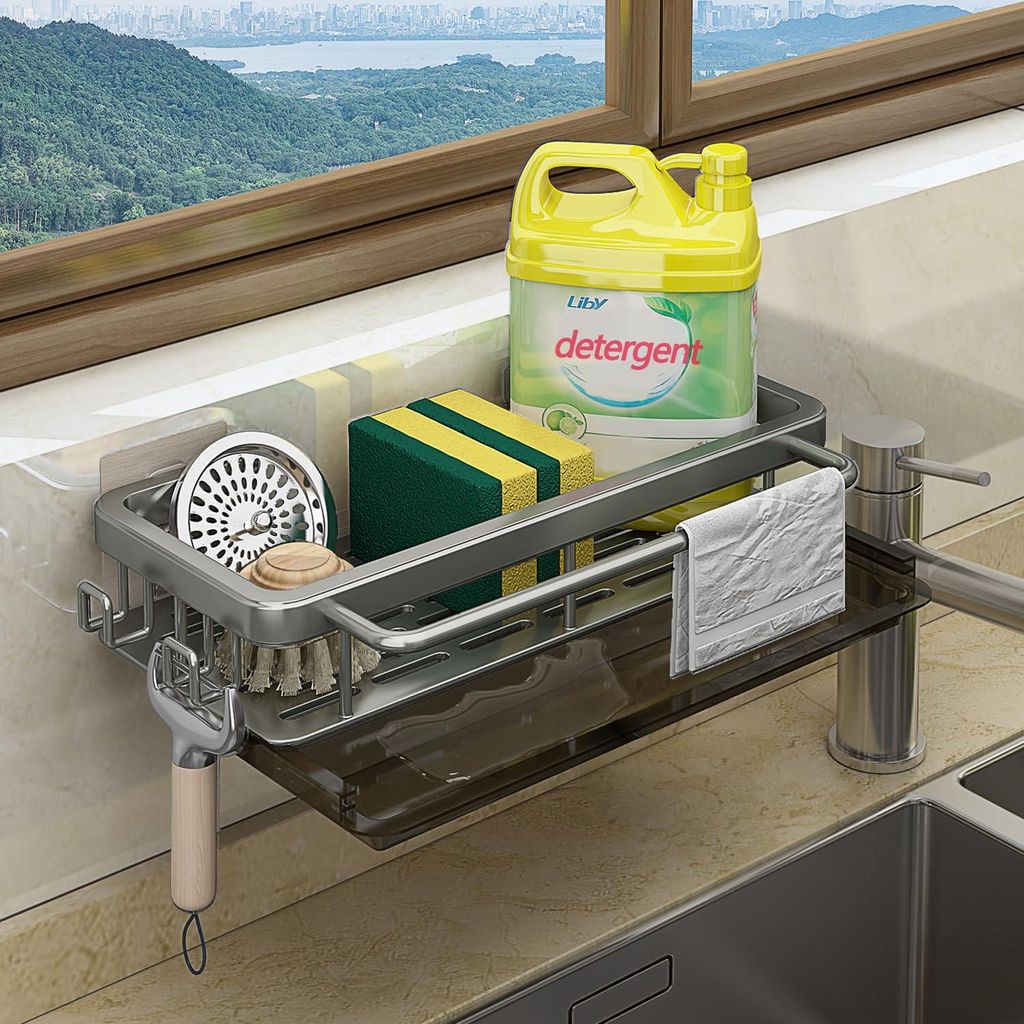 Waschbecken-Organizer mit Abtropffläche, Haken, Wandmontage (kein Bohren erforderlich), selbstklebender Waschbecken-Organizer für Küchenaccessoi...
