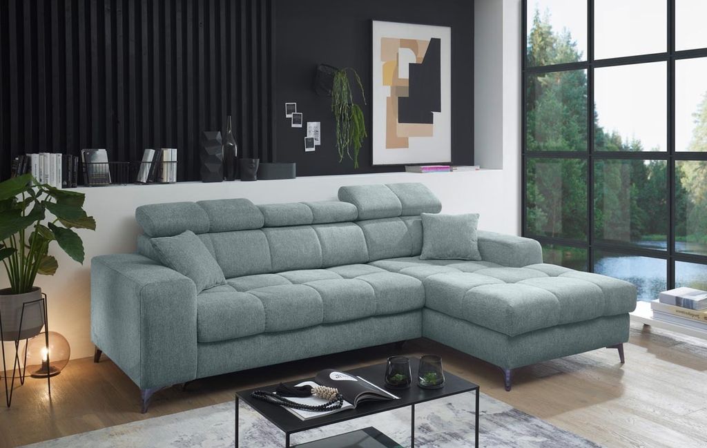 Sydney Ecksofa 268 x 172 cm, Funktion wählbar, Hellblau, Ausführung:Rechts, Funktion:Schlaffunktion & Bettkasten