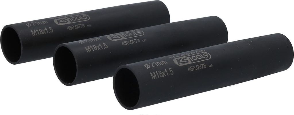 Three black cylindrical metal sleeves are arranged diagonally on a white background.
