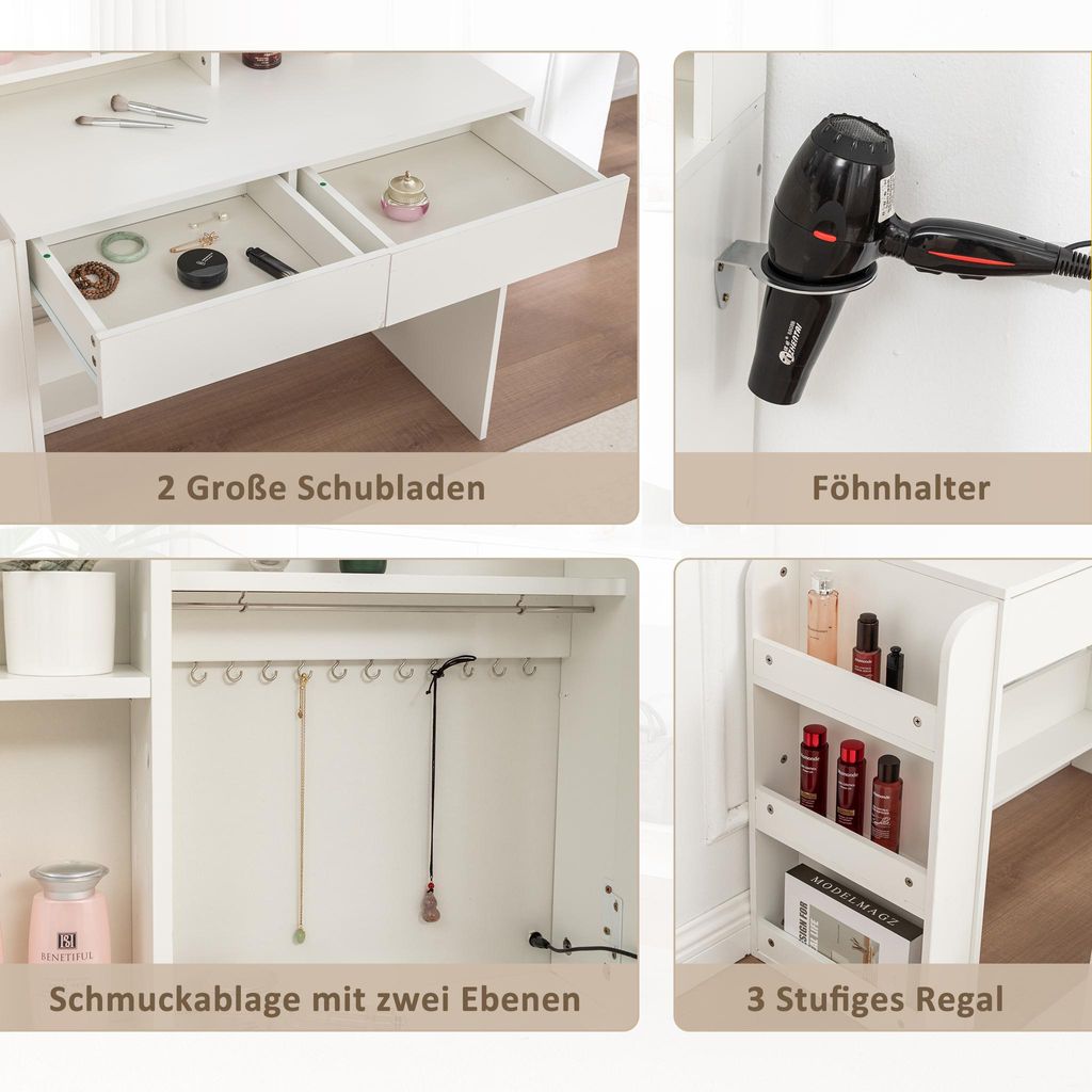 Moderner Schminktisch Mit Hocker & LED-Beleuchtung In Weiß – 4 Schubladen, 2024