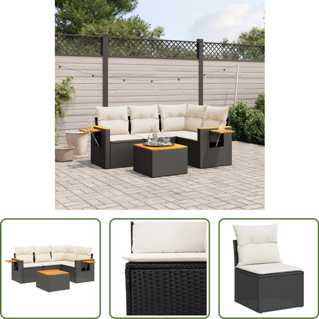 The Living Store 5-tlg. Garten-Sofagarnitur mit Kissen Schwarz Poly Rattan