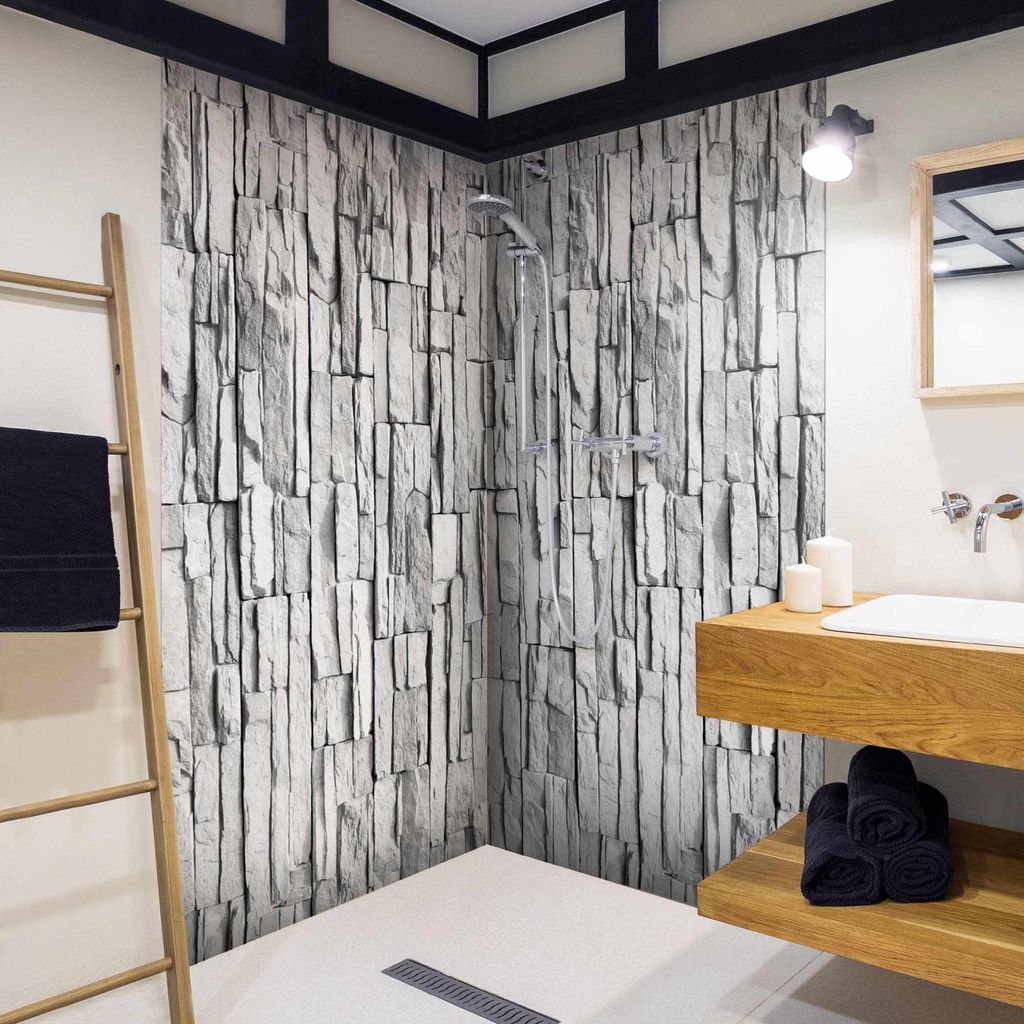 Duschrückwand mit Motiv selbstklebend - 0.35 mm Wandpaneel wasserfest Naturstein schwarz weiss Steinoptik Motiv Badrückwand fugenlos Smart matt 1...