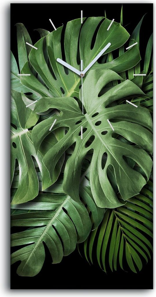 Leinwand Uhr Küche Wohnzimmer Bild 30x60 Gemälde Blätter Monstera Pflanze - weiße Hände
