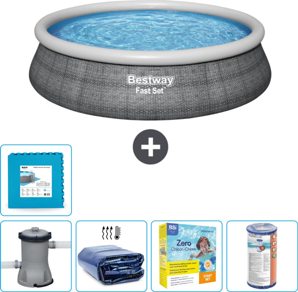 Bestway runder aufblasbarer Fast-Set-Pool – Rattan-Druck – 457 x 84 cm – inklusive Pumpe Sonnensegel - Wartungspaket - Filter - Bodenfliesen