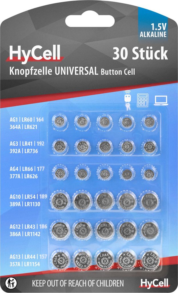 HyCell Alkaline Knopfzellen Set AG1, AG3, AG4, AG10, AG12, AG13, 30 Stück