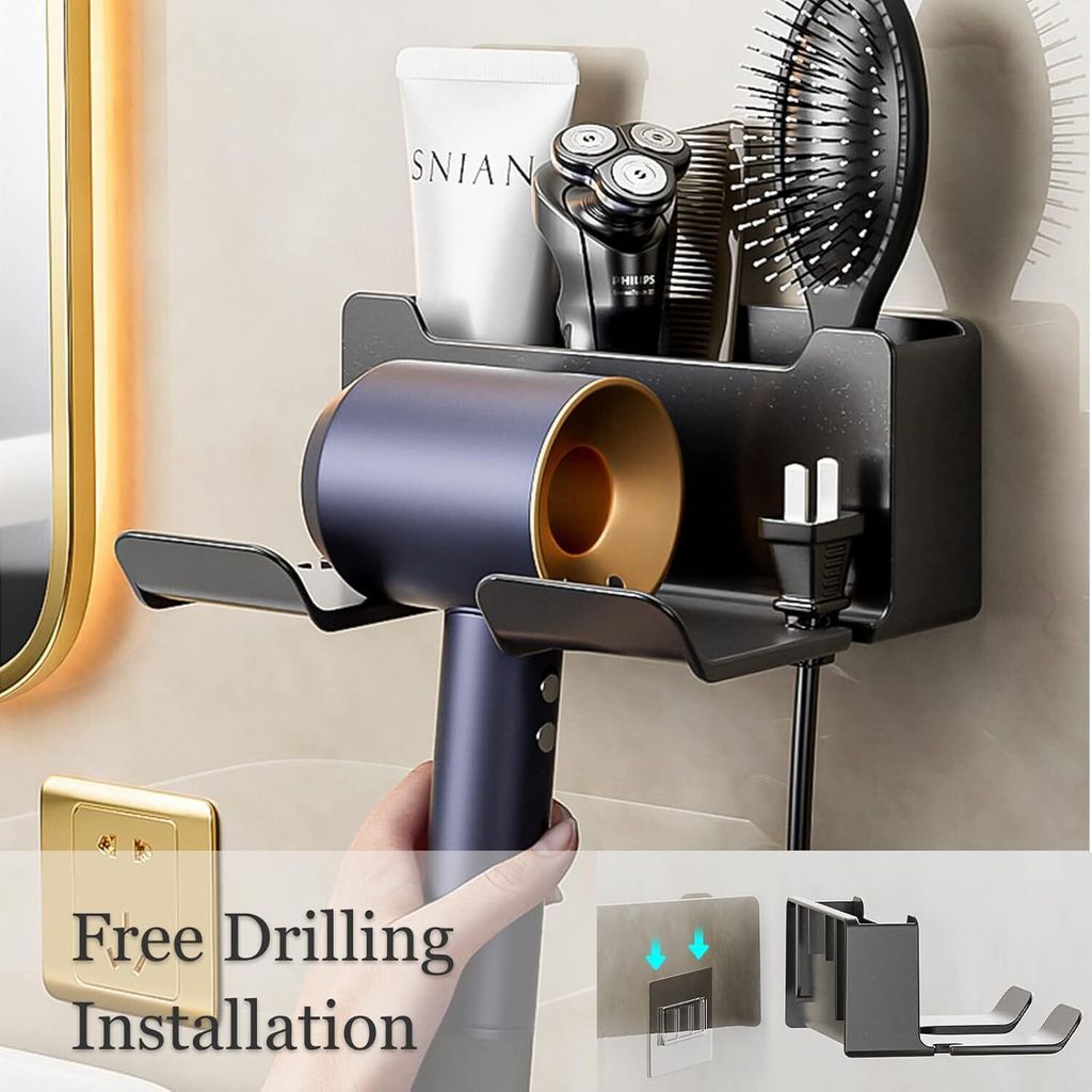 2x Fönhalter Ohne Bohren – Schwarze Wandhalterung Für Fön & Stylingtools