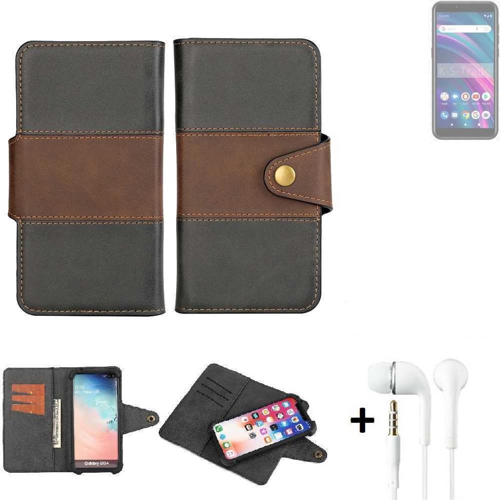 K-S-Trade Handyhülle Schutzhülle Bookstyle Wallet-Case kompatibel mit BLU C5 Max + earphones Bumper rundumschutz schwarz-braun 1x