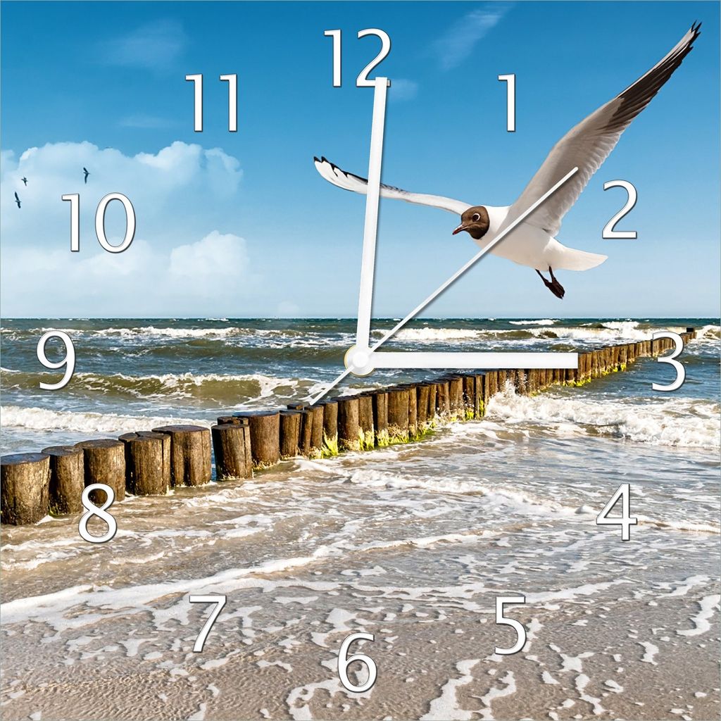 Wallario Design Wanduhr Fliegende Möwe am Strand aus Echtglas, Größe 30 x 30 cm
