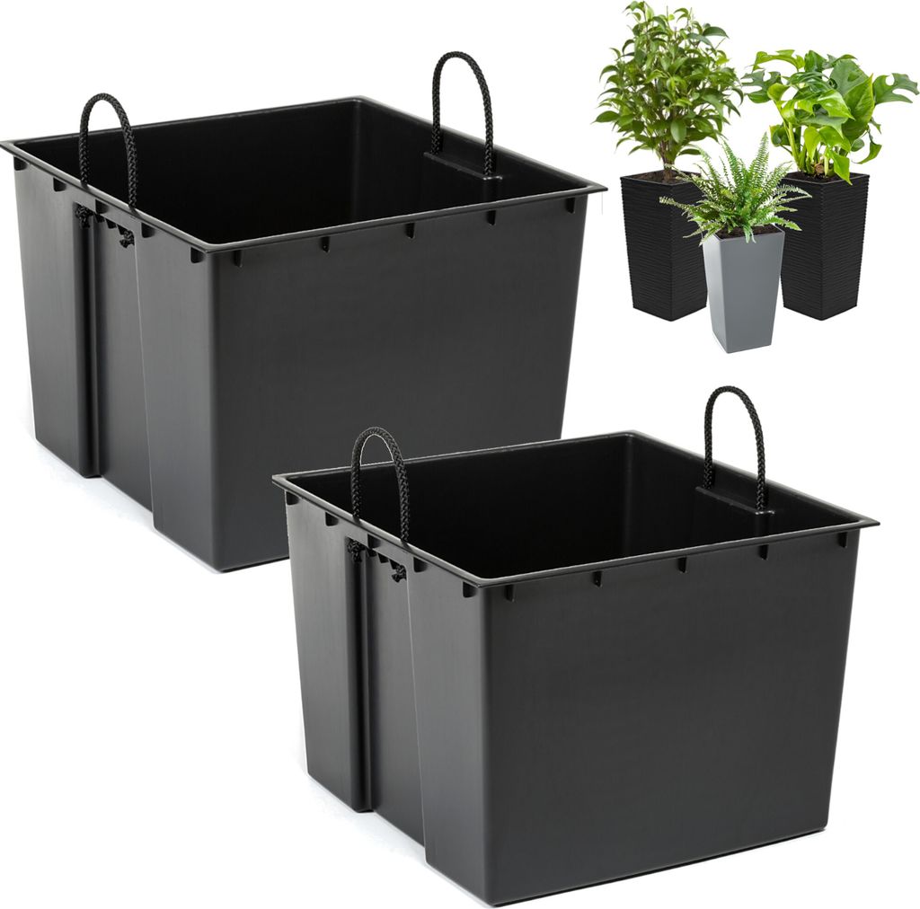 Two black square planters with handles are shown on a white background. In the upper right corner, three potted plants in different colored pots are displayed.