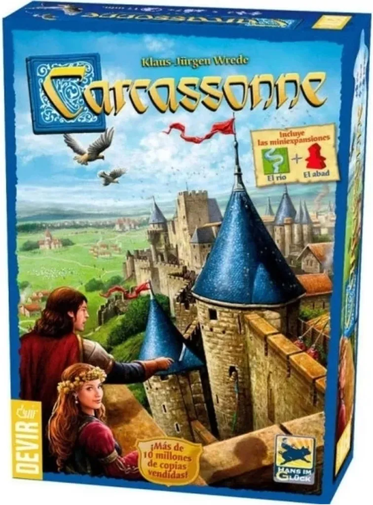 Jeu Carcassonne BGCARCAS2 Devir avec Tuiles Illustrées et Meeples de Couleurs