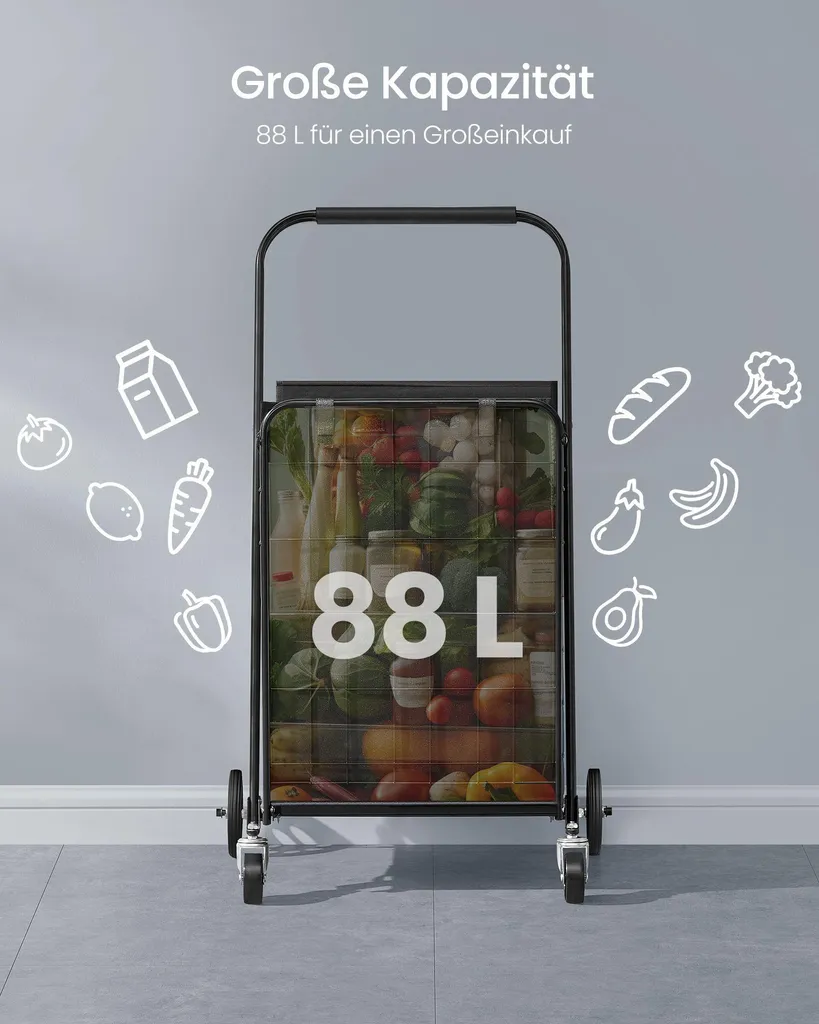 Poussette de marché robuste noire avec roues 360° multidirectionnelles - 6