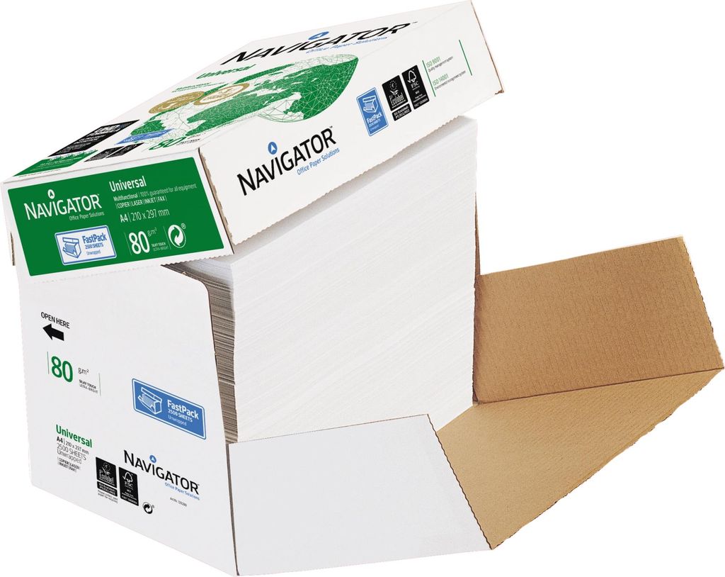 A box of Navigator Universal paper is shown, with the lid open and a stack of paper visible.