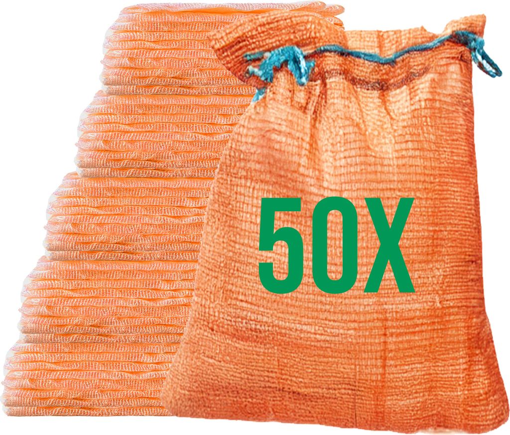 Bazko 50 Stück Raschelsäcke 35x50cm 5kg | orange | Netzsäcke mit Zugband Kartoffelsack Zwiebelsäcke Brennholz Kaminholzsäcke