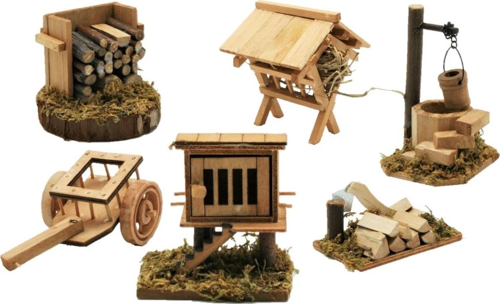 Krippenzubehör 6-teilig Brunnen Holz Wagen Stall Produktbild 3