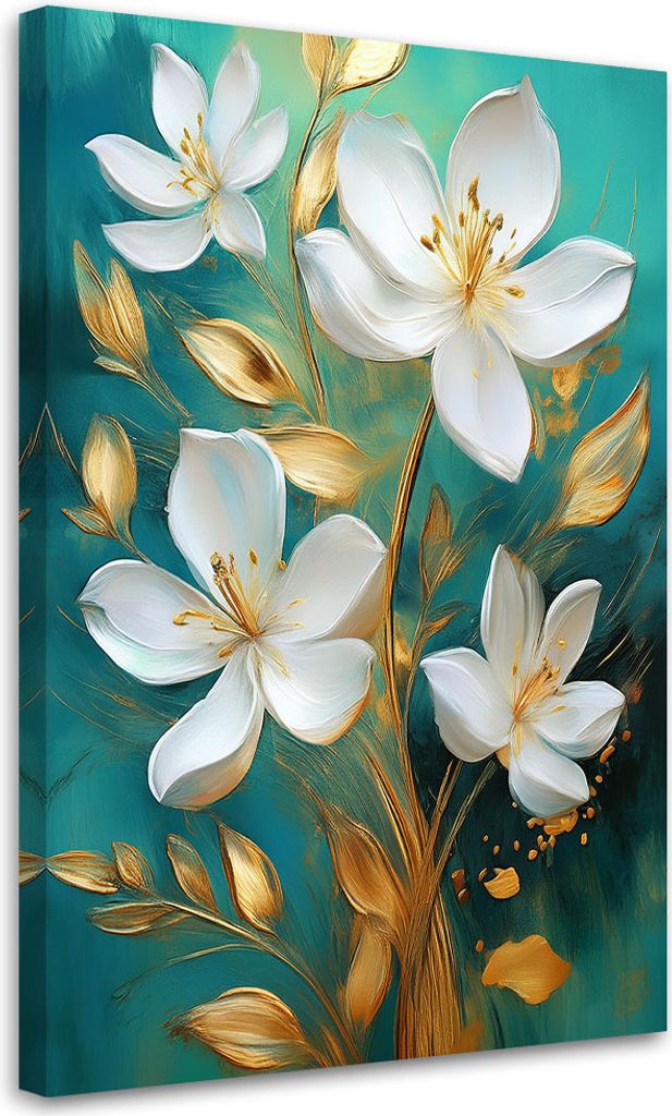 Leinwandbild Gemalte Blumen Weiß auf türkisfarbenem Hintergrund 70x100 Feeby Türkis bild für die wand bereit zum aufhängen
