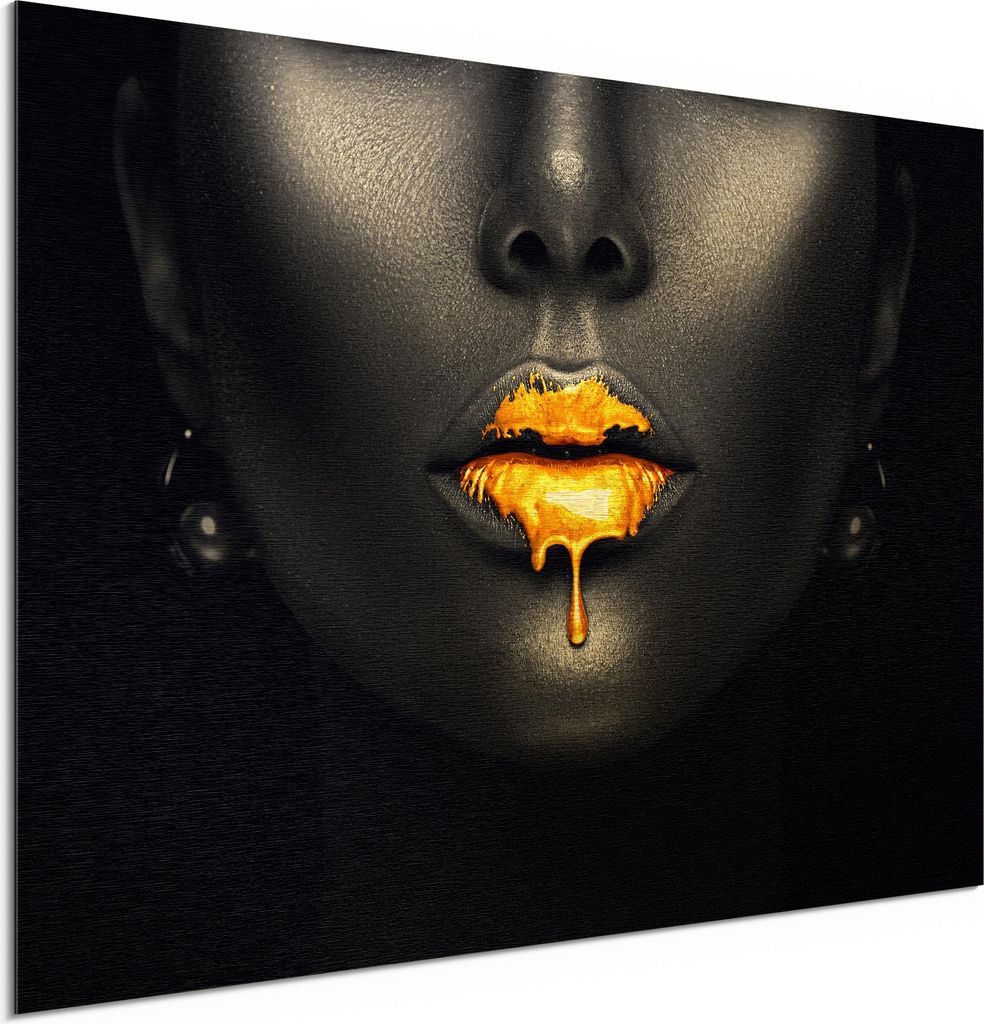 DEQORI Alu-Dibond Bild Gold 60x40 cm 'Goldbedeckte Lippen' Wandbild Metall dünn Design