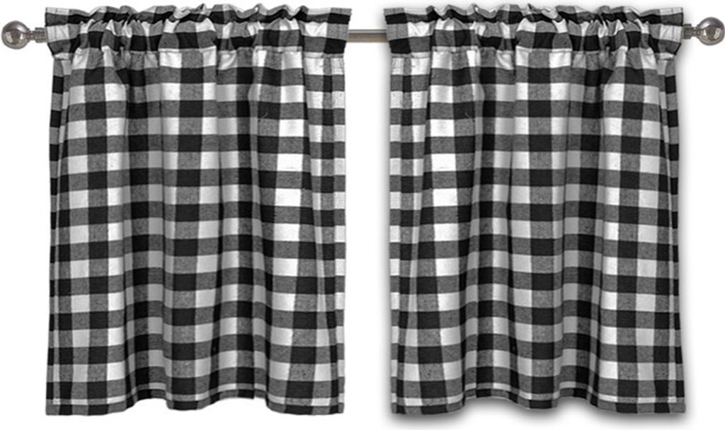 Gingham Pattern Christmas Plaid Kleiner kurzer Vorhang, Check Rod Pocket Window Tier Vorhänge für Thanksgiving Dekoration Küche, schwarz, 74 x 6...