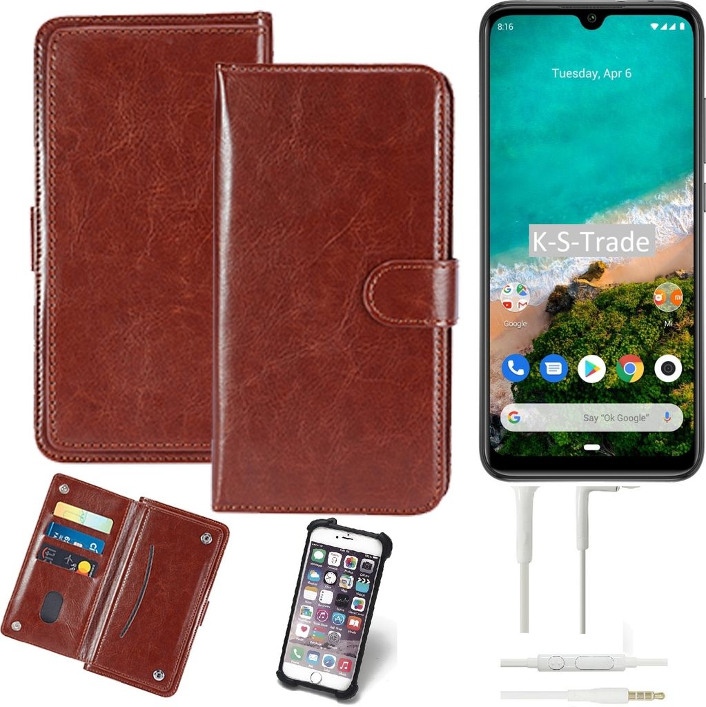 K-S-Trade 360° Hülle kompatibel mit Xiaomi Mi A3 inkl. Headphones braun Kunstleder Case BookCase WalletCase Kunstlederederhülle Handyhülle,