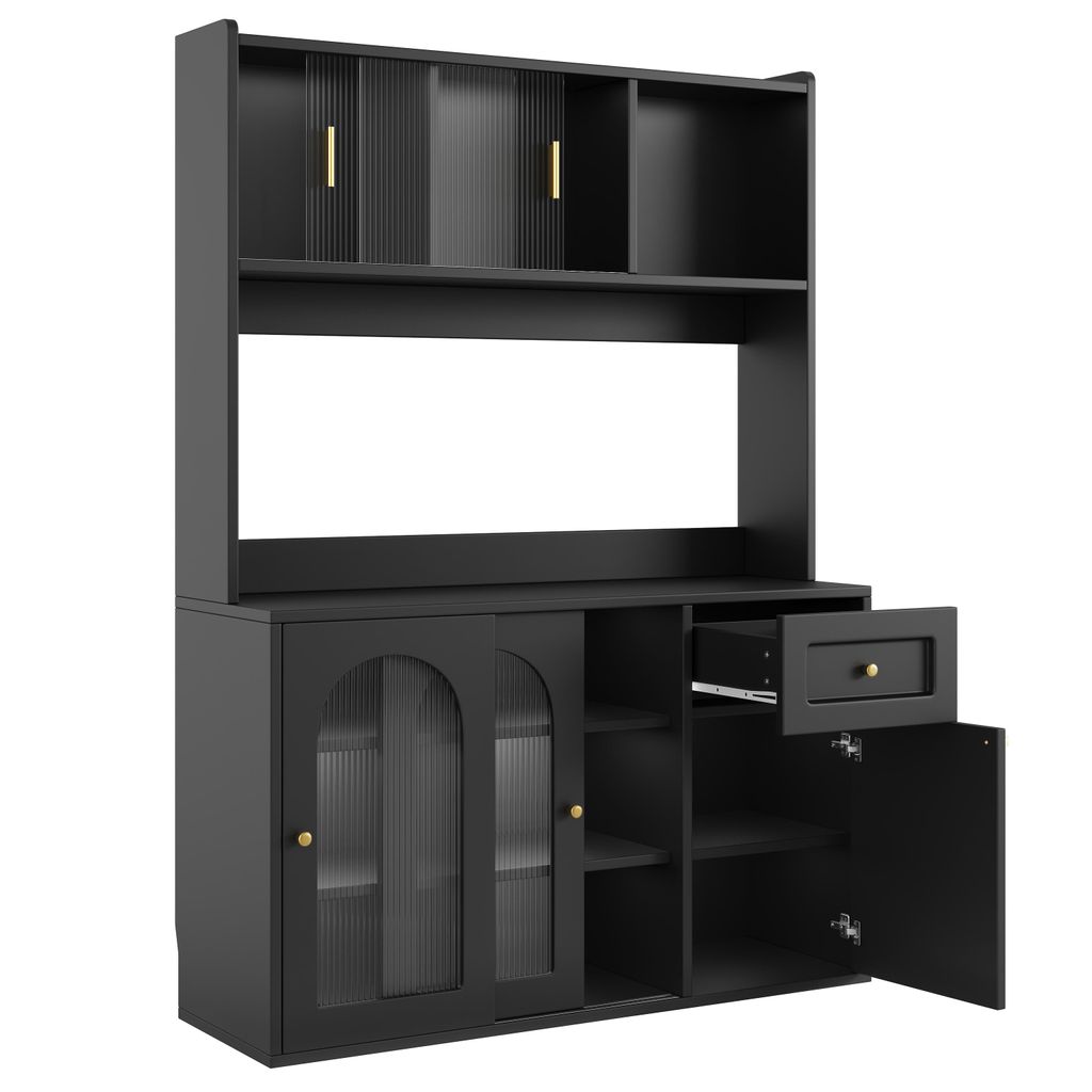 Flieks Hochschrank 120x35x167 cm, Küchenbuffet mit LED, Aufbewahrungsschrank mit Glasschiebetüren, schwarz