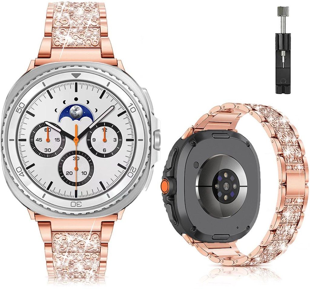 FFO2World Luxus Metallarmband für Samsung Galaxy Watch 8/8 Classic – Edelstahl mit Strasssteinen, inkl. Kürzungsset – Roségold