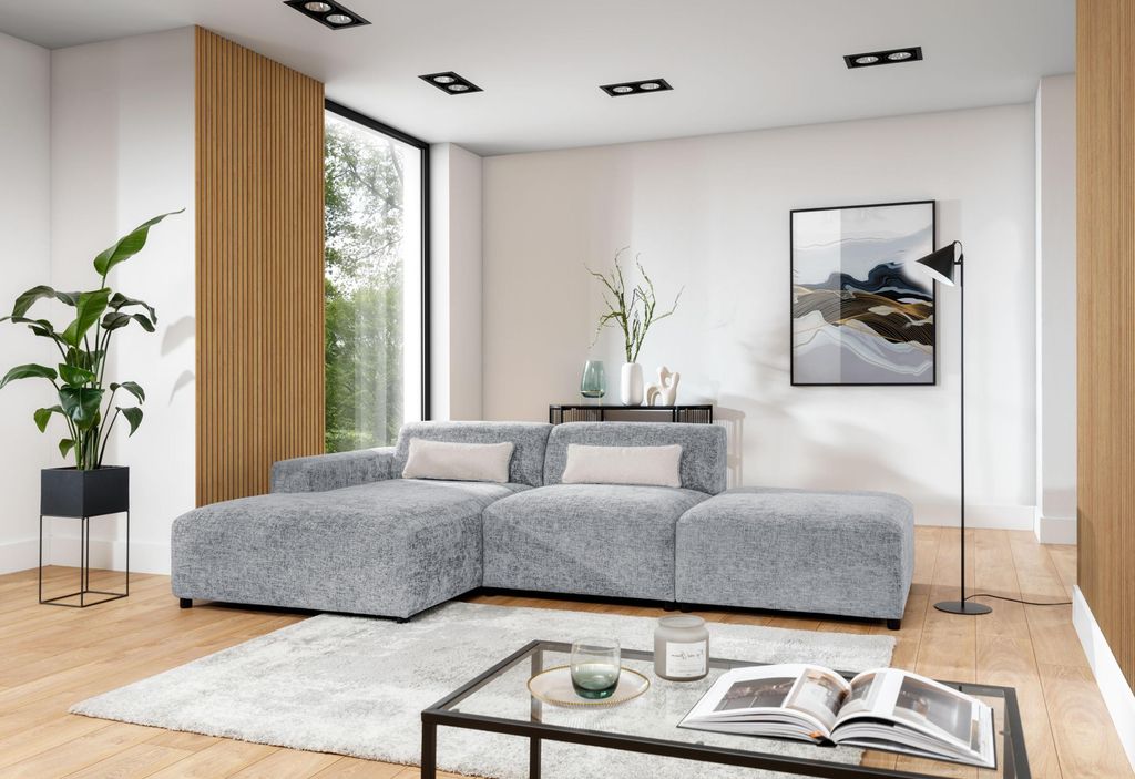 AX LIVING Couch Hellgrau L Form Jughlio Ecksofa mit Hocker 304 cm L