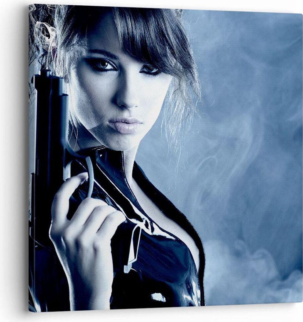 Bild auf Leinwand - Leinwandbild - Frau Aktion Schuss Pistole - 30x30cm - Wand Bild - Wanddeko - Leinwanddruck - Bilder - Kunstdruck - Wanddekorati...