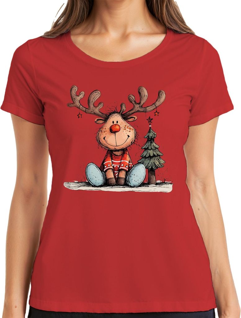 Rudolph Rentier Rotnase Weihnachtsbaum süßes Weihnachten Geschenk Damen T-Shirt, Rot, 3XL