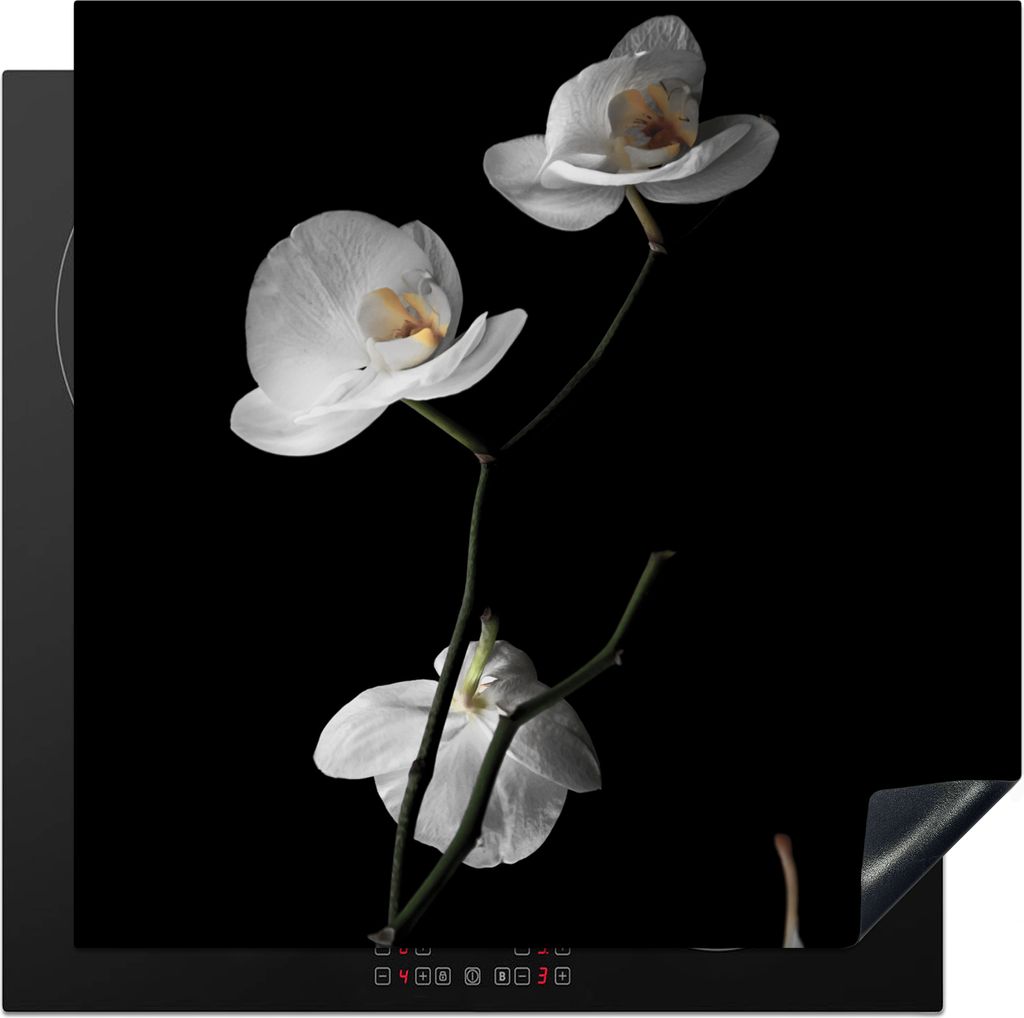 KitchenYeah Herdabdeckplatte Orchidee - Blumen - Schwarz - Weiß - Stilleben , 78x78cm, Küche Deko, Glaskeramikkochfeld Herdabdeckung, Abdeckpla...