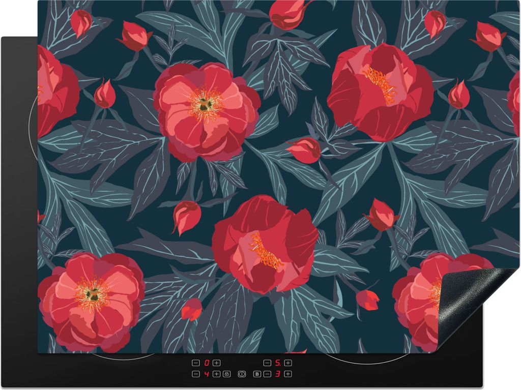 KitchenYeah Herdabdeckplatte Blumen - Rot - Blätter - Muster , 70x52cm, Küche Deko, Glaskeramikkochfeld Herdabdeckung, Abdeckplatte fùr Kochfeld