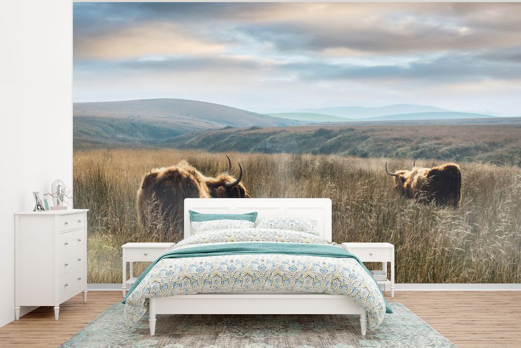 MuchoWow Fototapete für Wohnzimmer oder Schlafzimmer Wandtapete Vinyl Motivtapete Schottische Highlander - Nebel - Gras - 375x280 cm - Schlafzim...