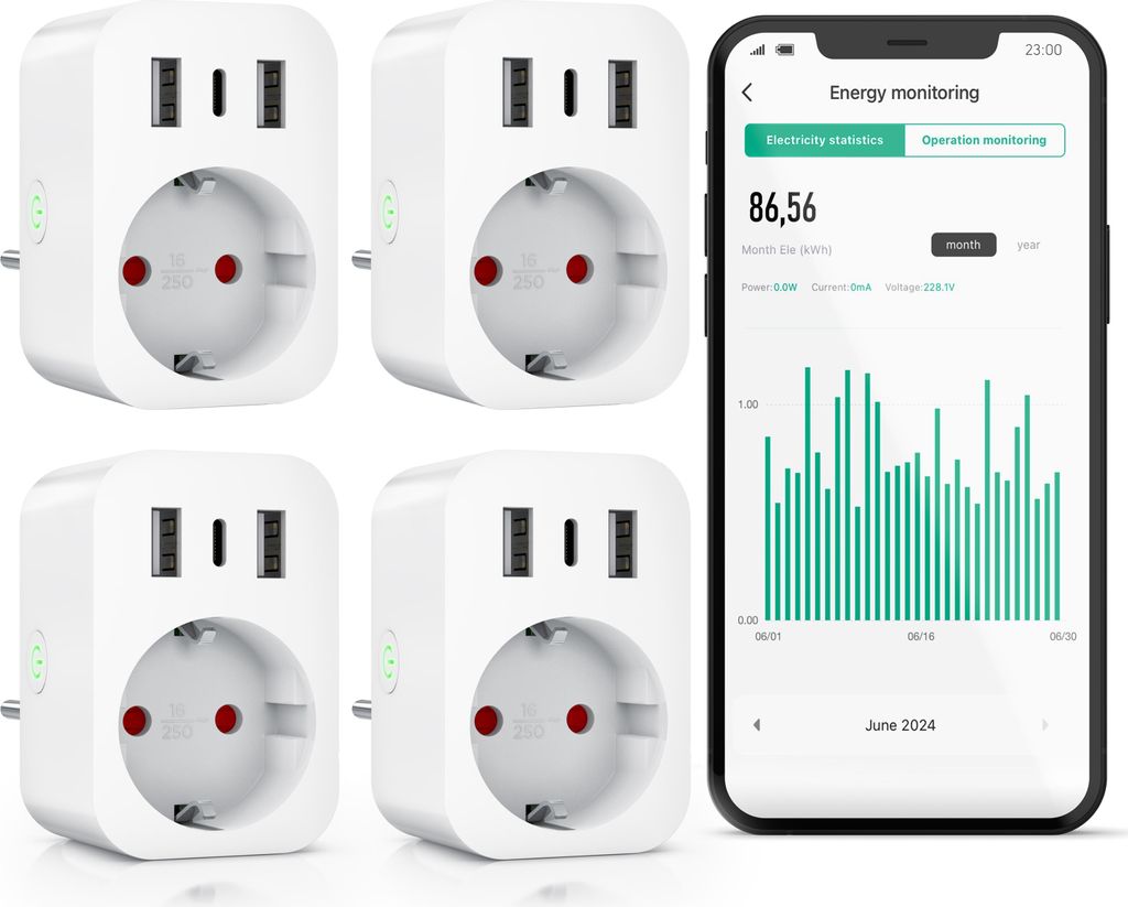 BEARWARE WLAN-Steckdose mit USB, 2,4Ghz WiFi Fernsteuerung per Smart life App, Sprachsteuerung, 4-St., Zeitschaltuhr, Energiekostenmessgerät, USB-...