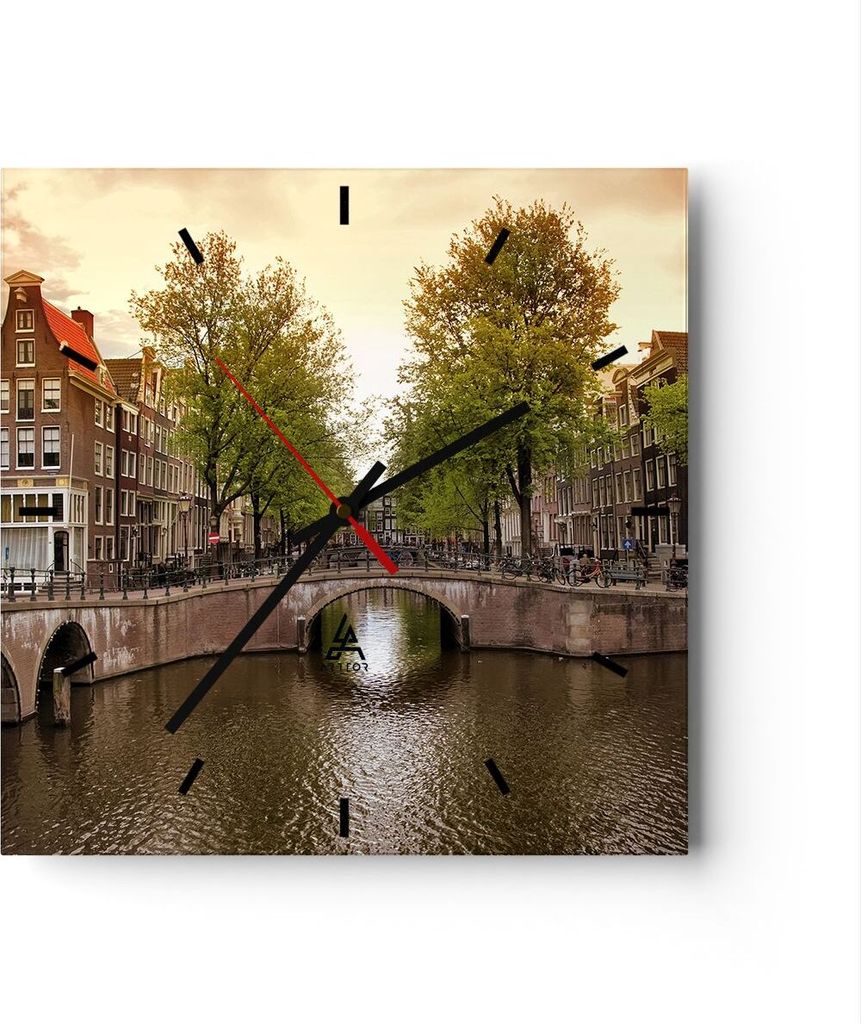 Wanduhr - Quadrat - Glasuhr - Kanal Wasser Amsterdam Fahrrad - 30x30cm - Schleichendes Uhrwerk - Lautlos - zum Aufhängen bereit - Dekoration Moder...