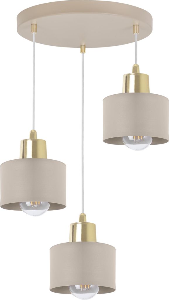 A three-light pendant lamp with beige fabric shades and gold-colored metal accents, suspended from a round beige ceiling plate.