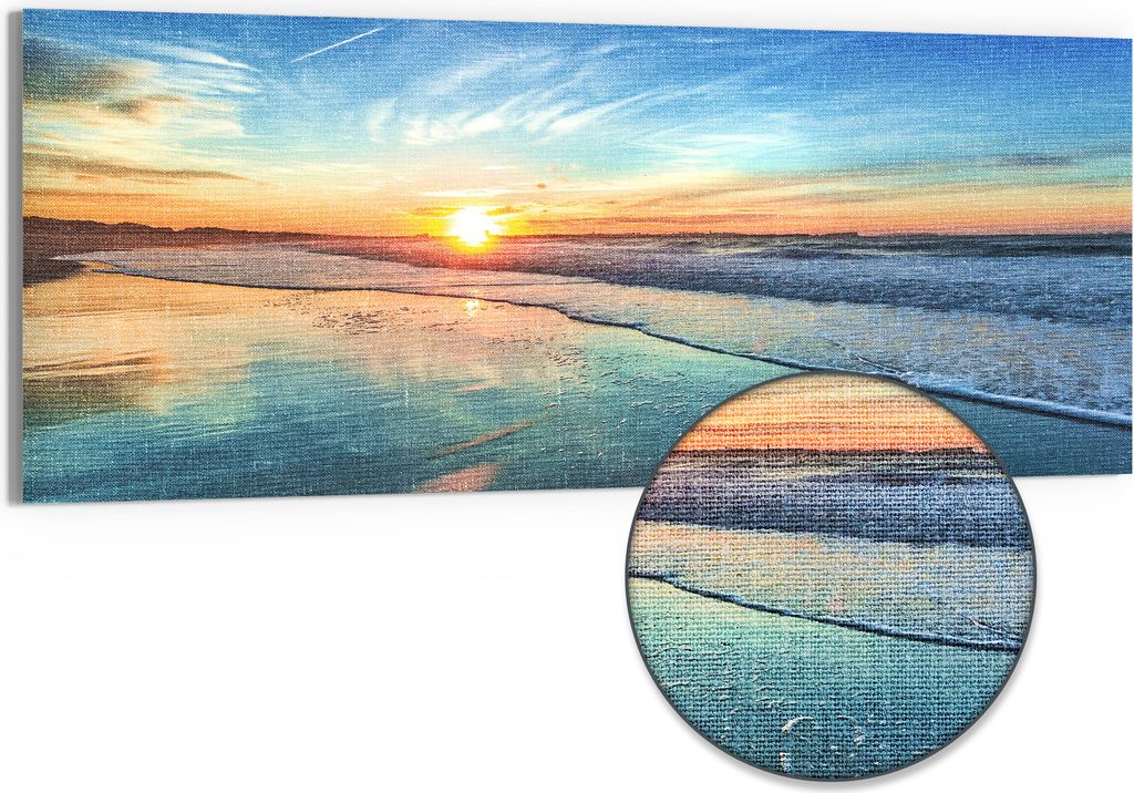 DEQORI Hybrid Leinwand Bild 150x60 cm 'Goldenes Küstenmeer' Wandbild Glas flach modern