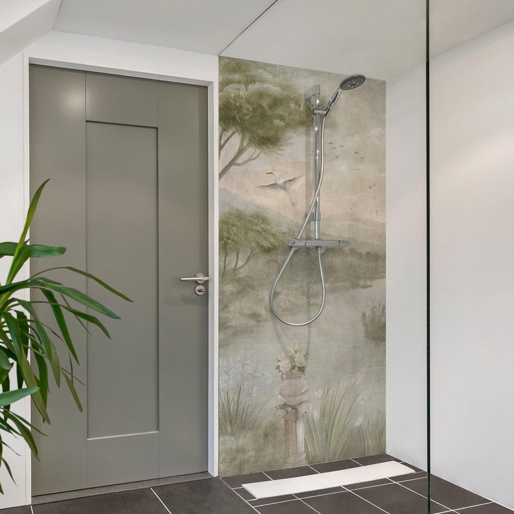 Duschrückwand Wald selbstklebend - 0.61 mm Wandpaneel wasserfest Vogel grün Vintage Badrückwand fugenlos Premium matt 90x210 cm