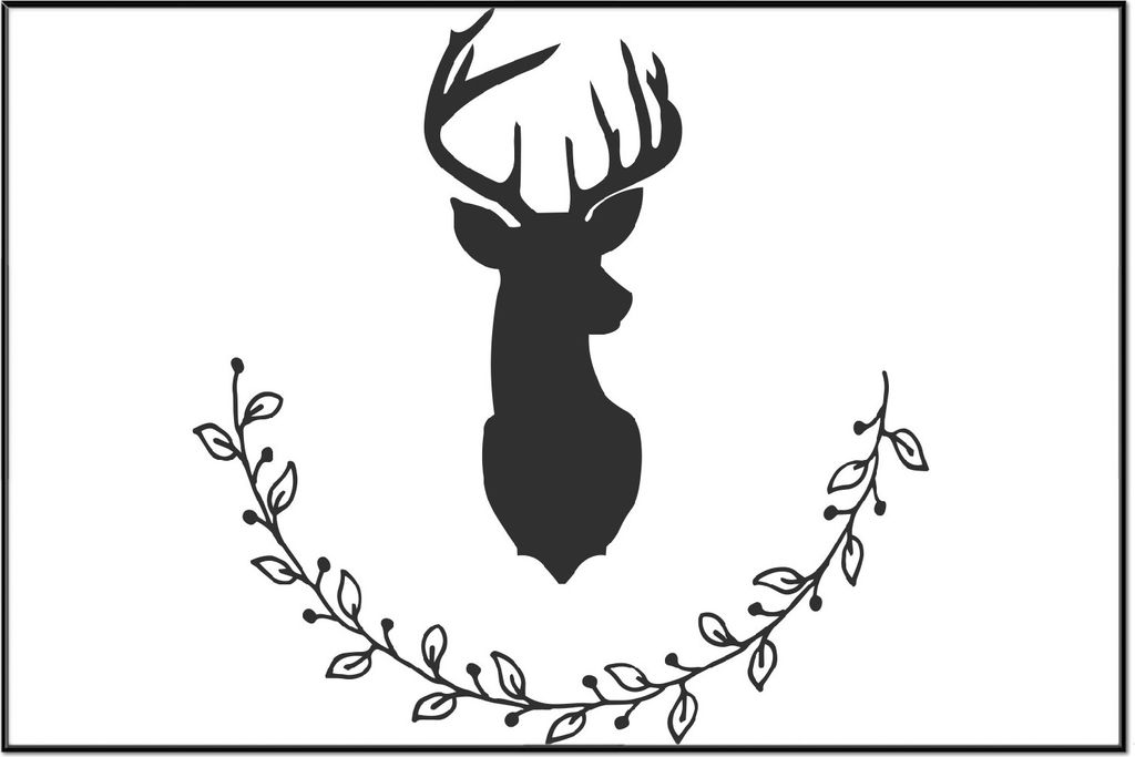 Wallario Wandbild Schwarze Hirsch Silhouette mit Zweigen - schwarz weiß, Größe: 61 x 91,50 cm, Poster mit schwarzem Aluminiumrahmen