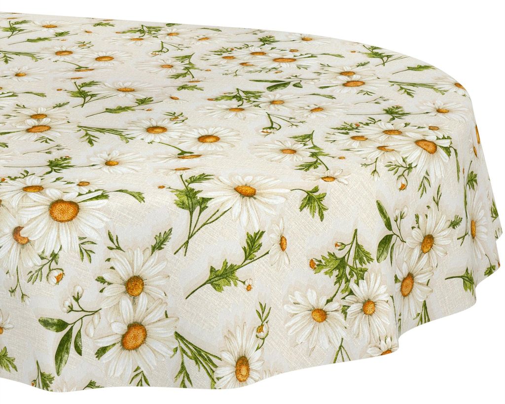 Tischdecke 140x200cm Oval Braun abwaschbar Baumwolloptik Margeriten Braun wetterfest Schnittkante