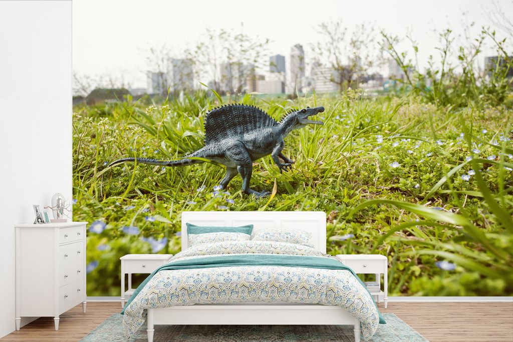 MuchoWow Fototapete für Wohnzimmer oder Schlafzimmer Wandtapete Vinyl Motivtapete Dinosaurier - Gras - Klein - 360x240 cm - Vinyl-Tapete