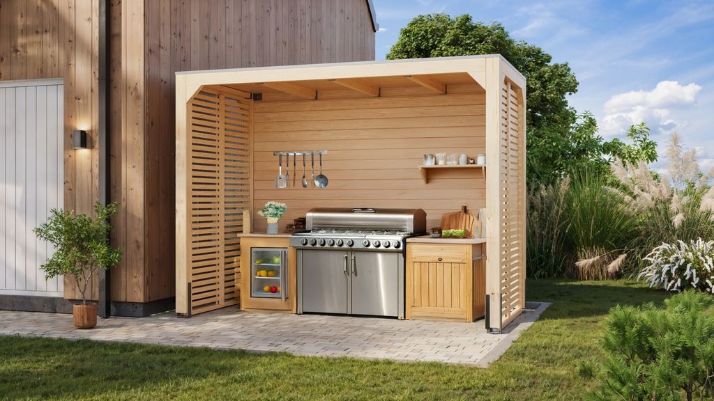 Grillküchenunterstand Holzpavillon Grillpavillon Unterstand Cubus 320x160cm Sparset inkl. Rückwand/Lamellenseitenwände und H-Pfostenanker für P...